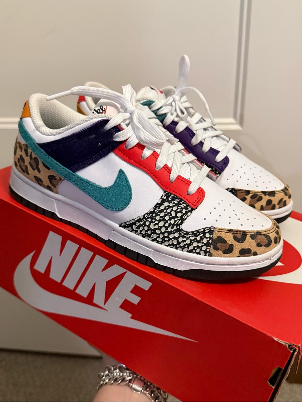 Nike Low-Top Sneakers in White, Teal, Red, Purple and Leopard Print